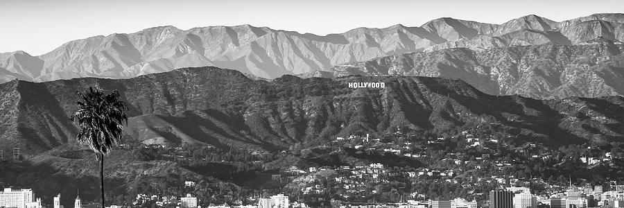 Famous Hollywood Hills Sign And Santa Monica Mountains Black and White Panorama Photograph by Gregory Ballos