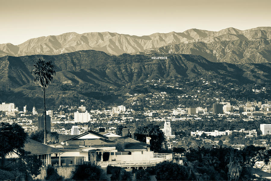 Famous Hollywood Hills Sign And Santa Monica Mountains In Sepia Photograph by Gregory Ballos