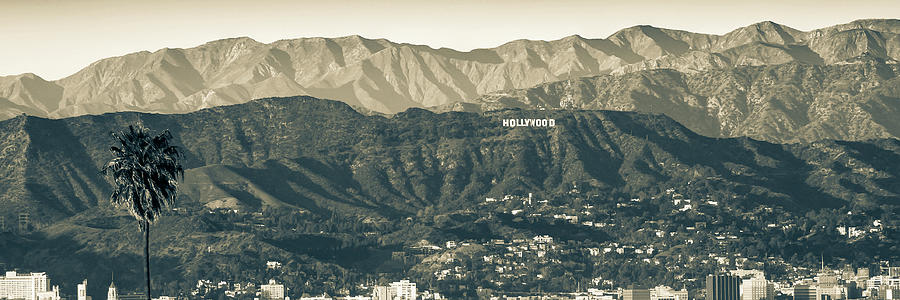 Famous Hollywood Hills Sign And Santa Monica Mountains Sepia Panorama Photograph by Gregory Ballos