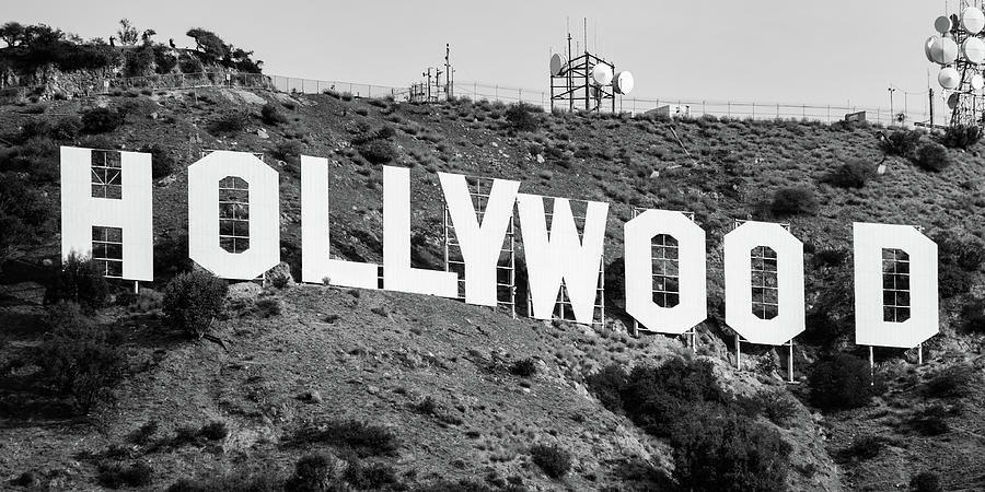 Black And White Photograph - Famous Hollywood Sign in Hollywood Hills California - Black and White Panorama by Gregory Ballos