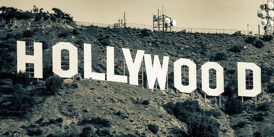 Hollywood Sign Photograph - Famous Hollywood Sign in Hollywood Hills California - Sepia Panorama by Gregory Ballos