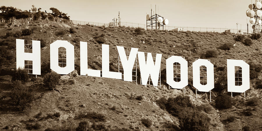 Famous Hollywood Sign In Los Angeles California - Sepia Panorama Photograph
