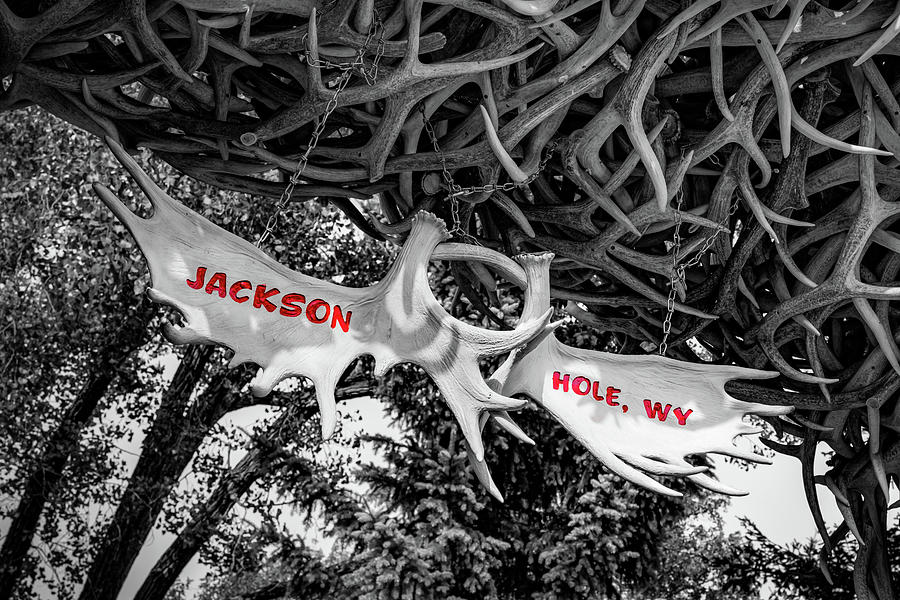 Famous Jackson Hole Wyoming Antler Sign - Selective Color Photograph by Gregory Ballos