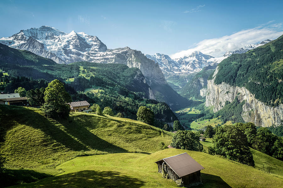 Famous Jungfrau mountain with forest and valley, Swiss Bernese Alps, Switzerland Photograph by Lingxiao Xie