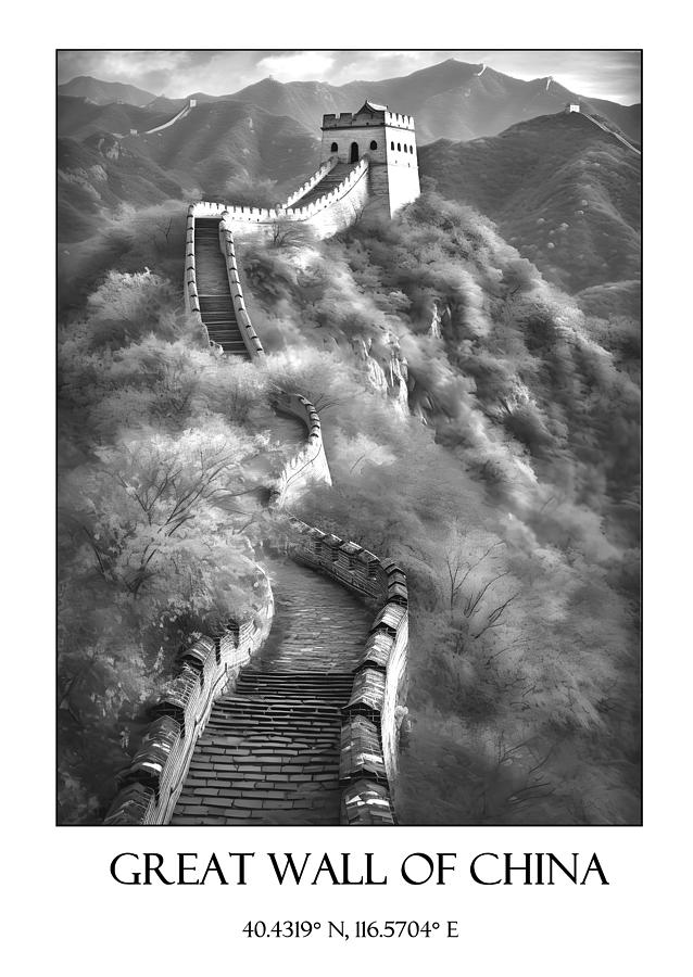 Famous Landmarks - Great Wall of China - BW Digital Art by Artella ...