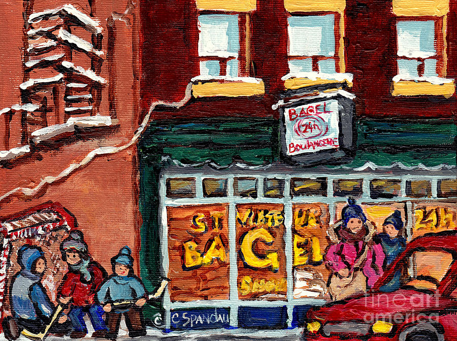 Famous Montreal Landmarks Artist Carole Spandau Paints Hockey Kids St Viateur Bagel Fine Art  Painting by Carole Spandau