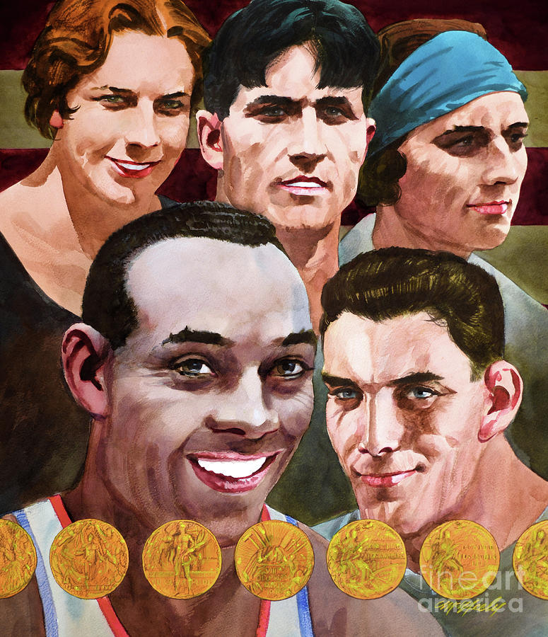 Famous Olympians - Hazel Wightman, Eddie Eagen, Helene Madison, Jesse Owens And Ray Ewry Painting by Tom McNeely