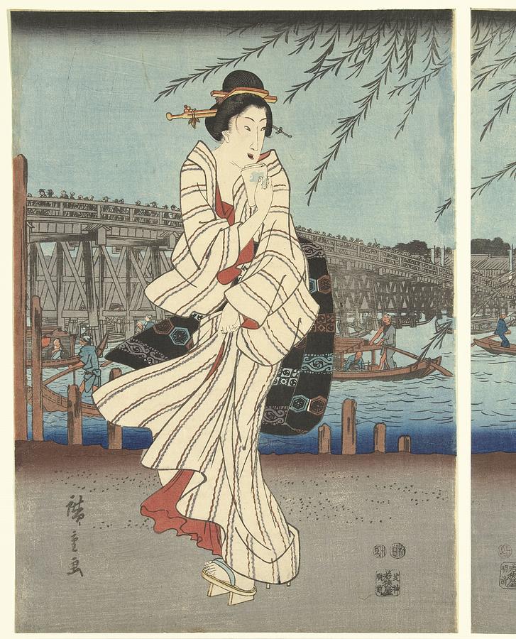 Famous Places In The Eastern Capital Enjoying An Evening Breeze At The Ryogoku Bridge, Hiroshige Painting