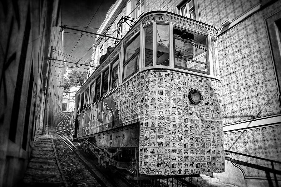 Architecture Photograph - Famous Trams of Lisbon Black and White  by Carol Japp