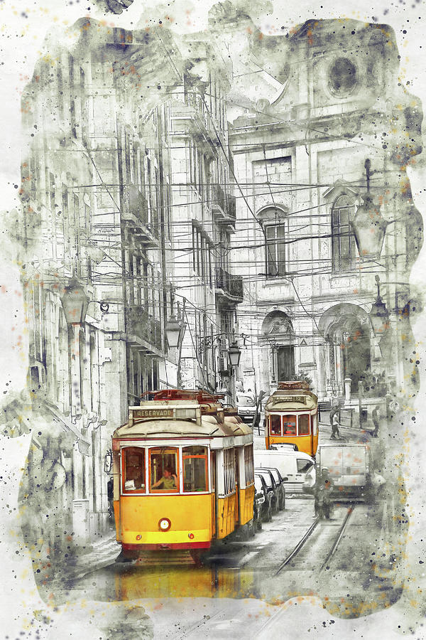 Famous Yellow Streetcars Of Lisbon Portugal Watercolor Photograph