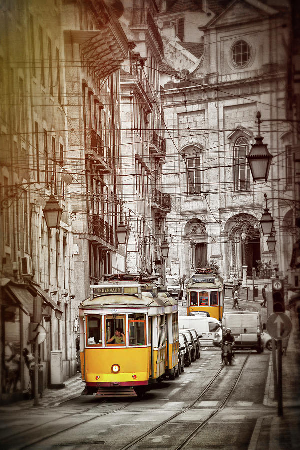Vintage Photograph - Famous Yellow Trams of Lisbon Portugal  by Carol Japp