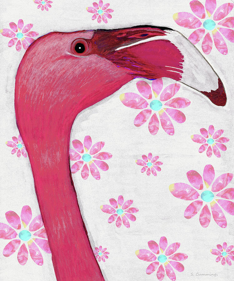 Fanciful Flamingo Beach Bird Art Painting by Sharon Cummings