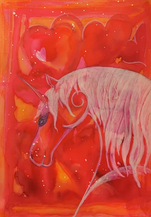 Fanciful Unicorn and Hearts Painting by Sandy Rakowitz