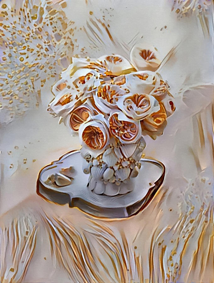 Fancy Golden Peonies In Shell Vase Mixed Media by Sandi OReilly
