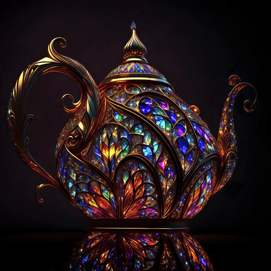 Teapot Digital Art - Fancy Teapot - Stained Glass by Peggy Collins