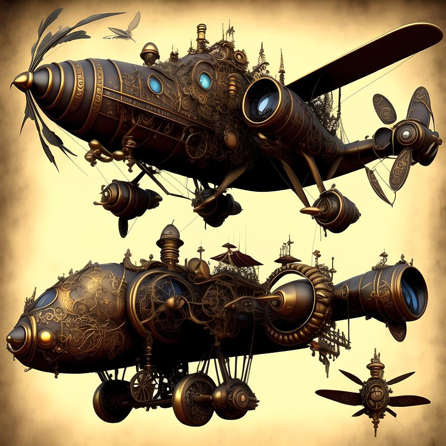 Fantasy Airplane In Steampunk Style Generative AI Illustration Digital Art By Miroslav Nemecek