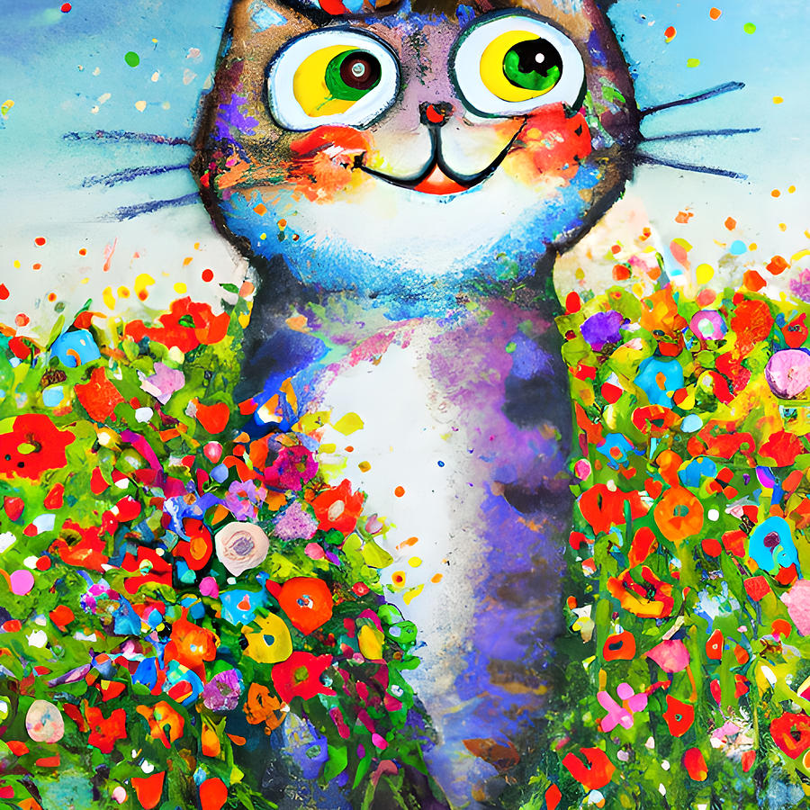 Fantasy Big Cat with Green Eyes with Flowers Bouquet Digital Art by Amalia Suruceanu