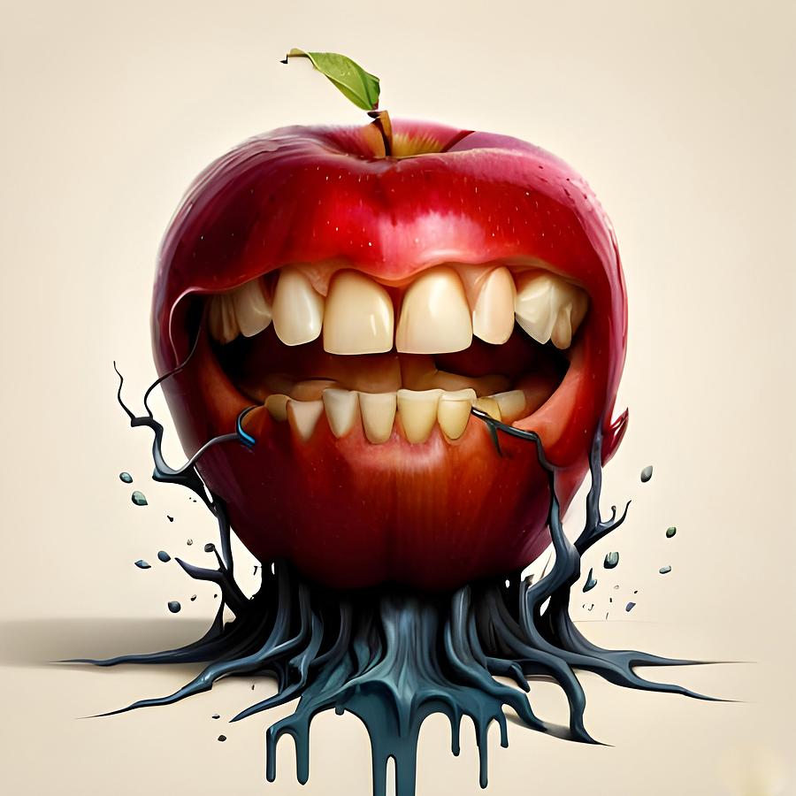 Fantasy Bite - Joyful Art Piece of an Apple with Teeth Mixed Media by Artvizual Premium