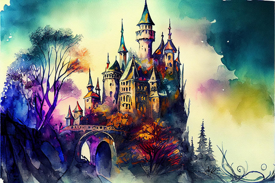 Fantasy Castle and Bridge Watercolor Digital Art by Adrian Reich