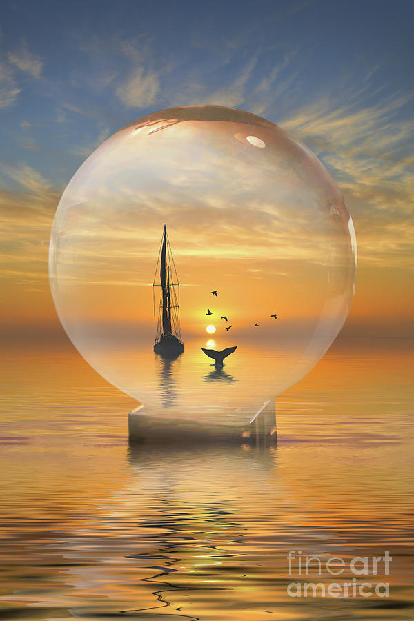 Fantasy Crystal Ball with Sailing Ship and Whales Tail Surreal Photograph by Stephanie Laird
