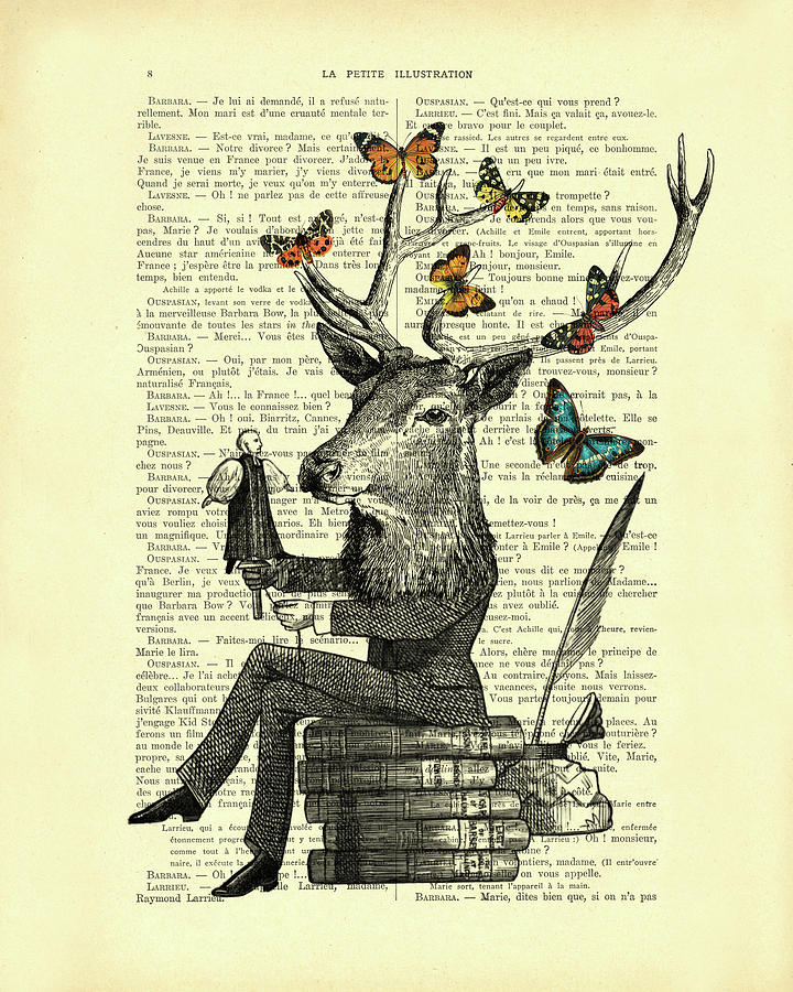 Deer Mixed Media - Fantasy deer with butterflies by Madame Memento