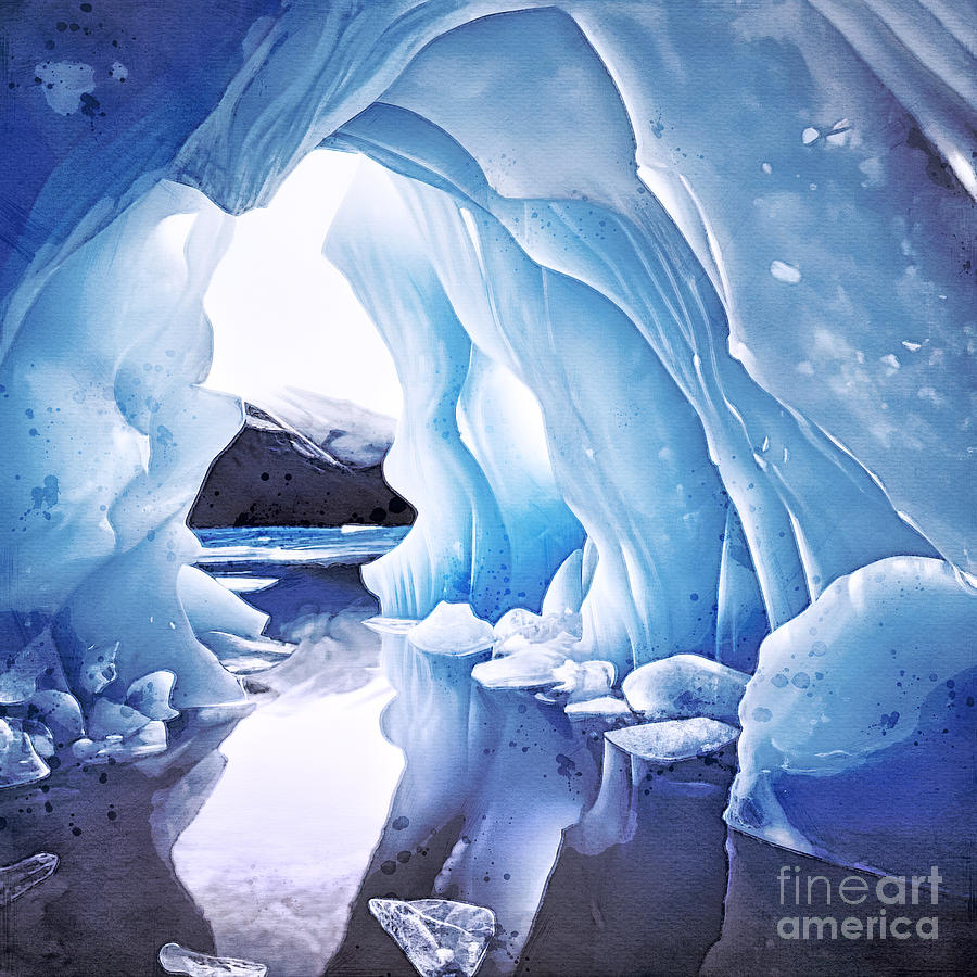 Fantasy digital watercolour of a blue ice cave with reflection in calm waters. Frozen cavern with opening to a snowy winter landscape Digital Art by Jane Rix