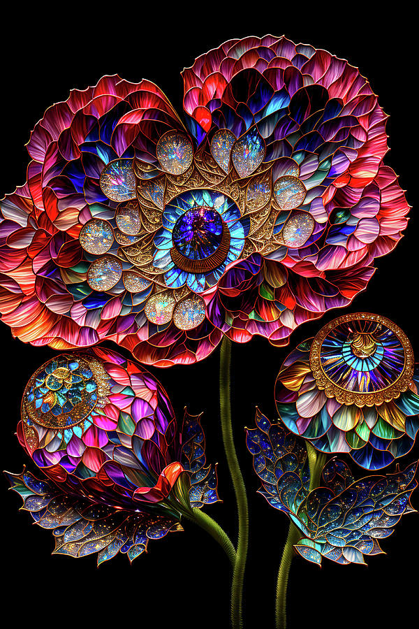 Fantasy Flowers - Stained Glass Poppies Digital Art by Peggy Collins