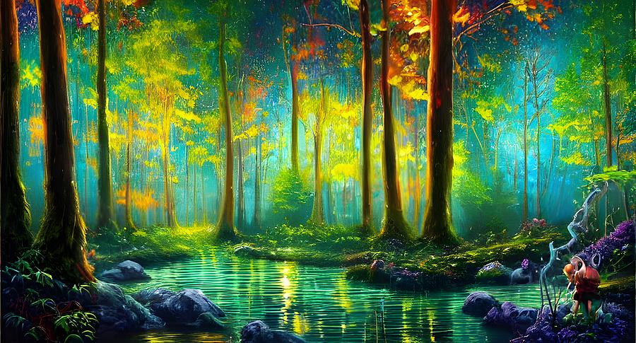 Fantasy Forest with Pond Digital Art by Beverly Read