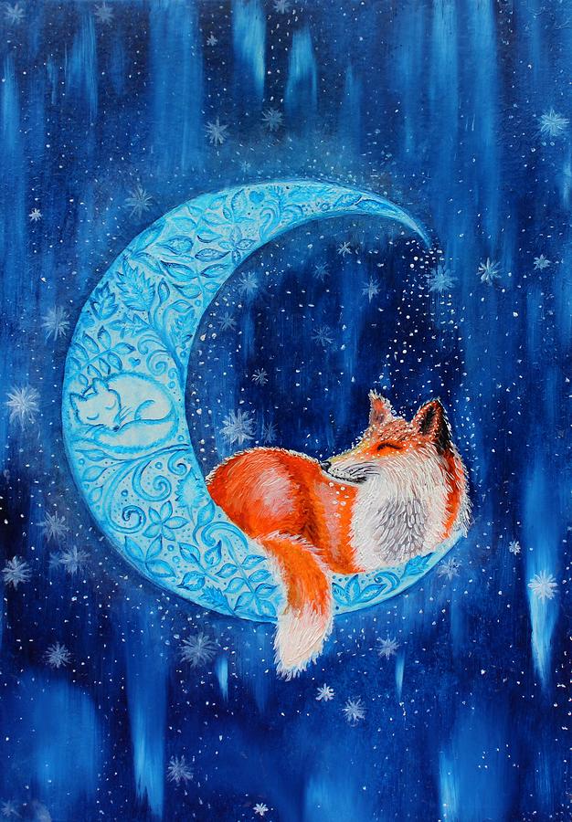 Fantasy fox on the moon art Painting by Nadiia Morokhovets | Pixels