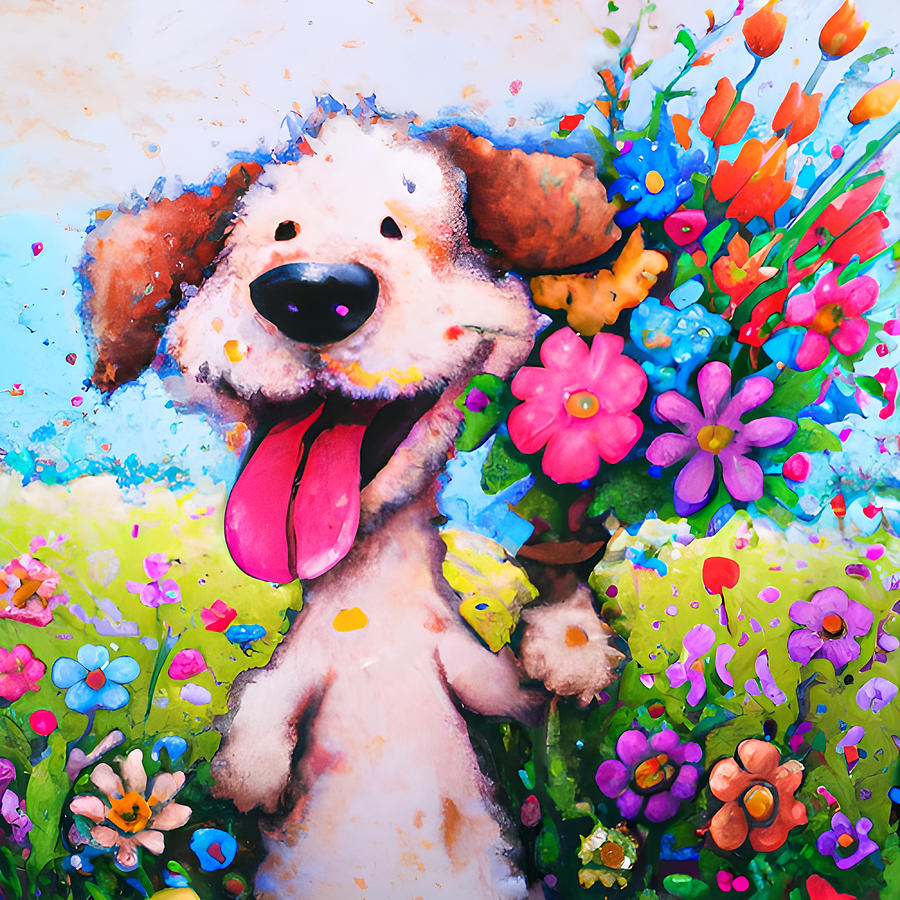 Fantasy Happy Dog with Bouquet Digital Art by Amalia Suruceanu