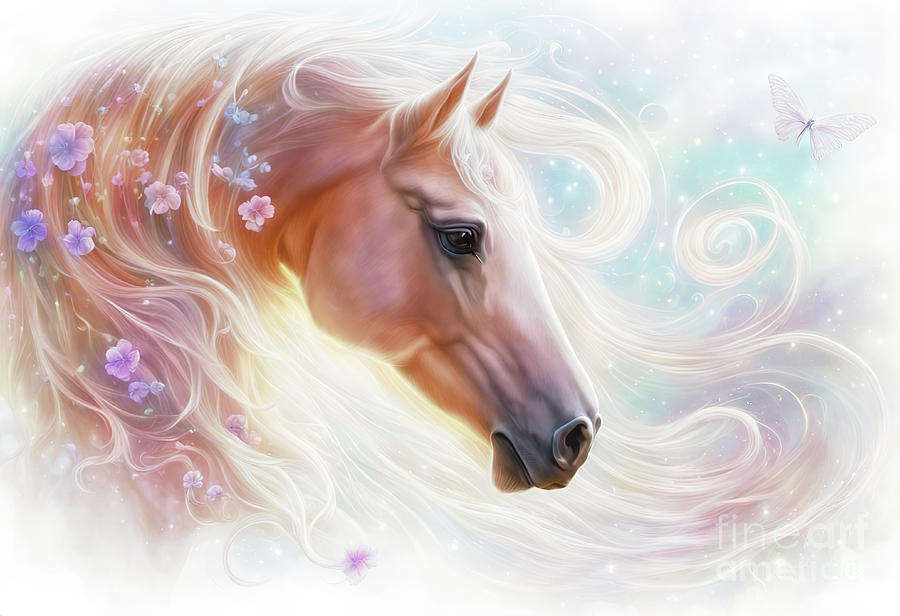 Fantasy Horse with Flowing Mane Flowers Mixed Media by Stephanie Laird