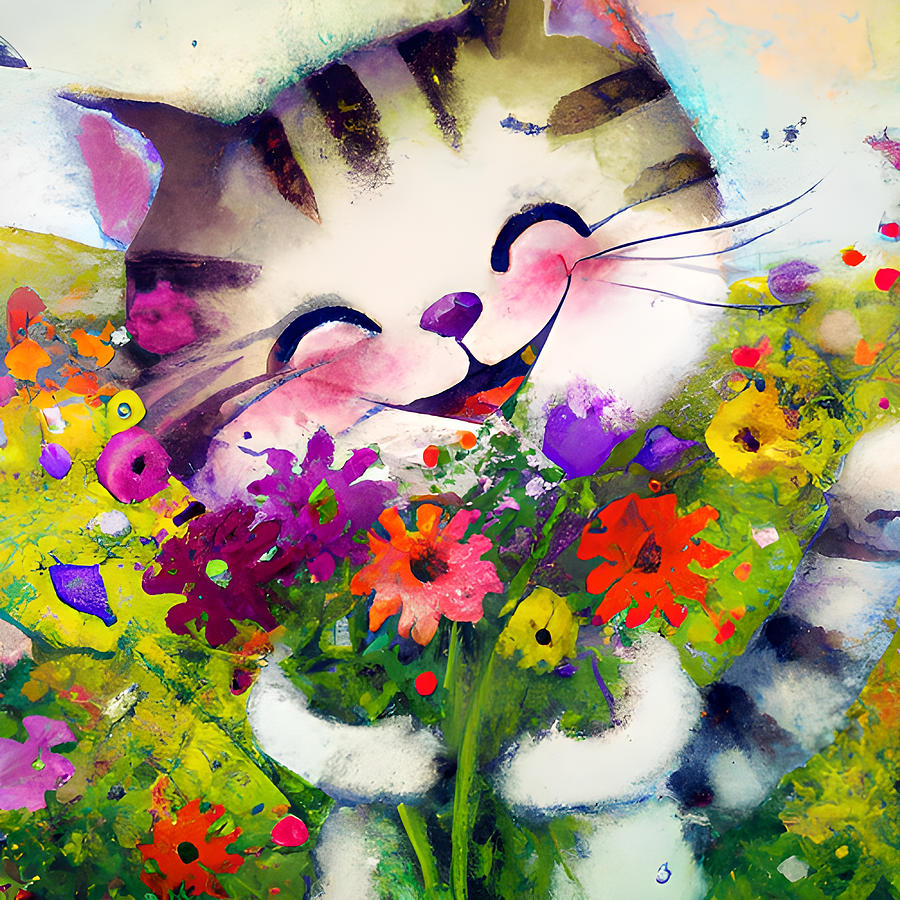 Fantasy Kitten with Bouquet Painting by Amalia Suruceanu