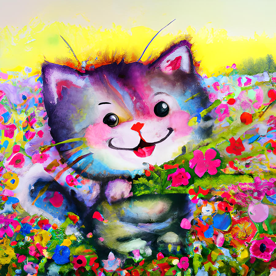 Fantasy Kitten with Flowers Bouquet Digital Art by Amalia Suruceanu