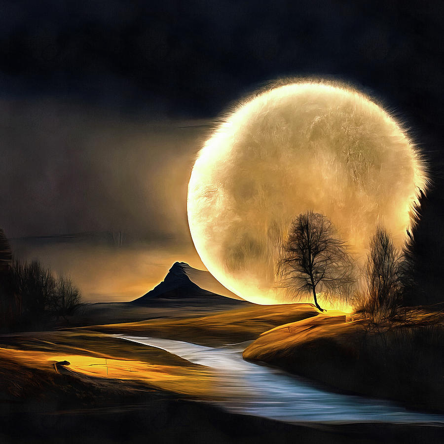 Fantasy Landscape illuminated by a huge moon Painting by Matthias Hauser