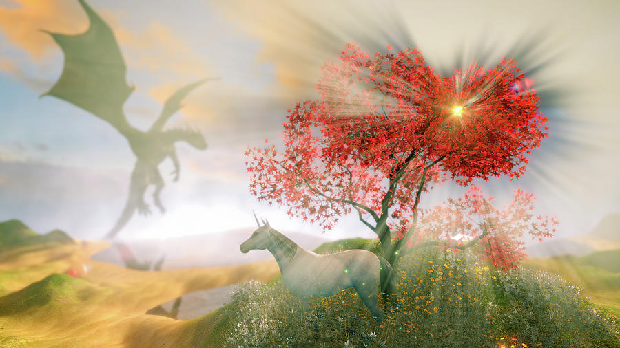 Fantasy Landscape Morning Mood Unicorn and Dragon Digital Art by Matthias Hauser
