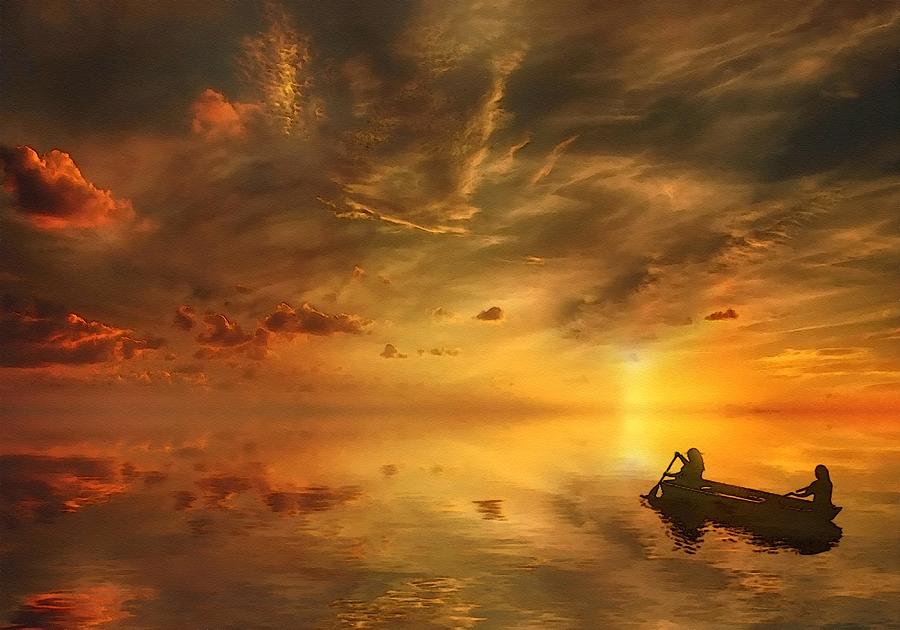 Fantasy Sunset Over A Lake With Rowers In A Canoe L B Digital Art