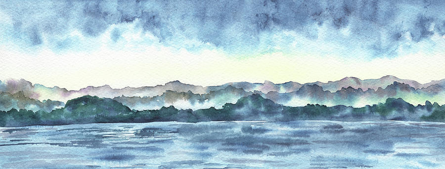 Faraway Foggy Hills Water Reflections Elongated Watercolor Painting by Irina Sztukowski