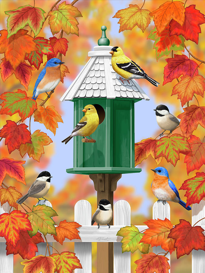 Animal Digital Art - Farewell To Summer Songbirds Birdhouse Autumn Gathering by Crista Forest