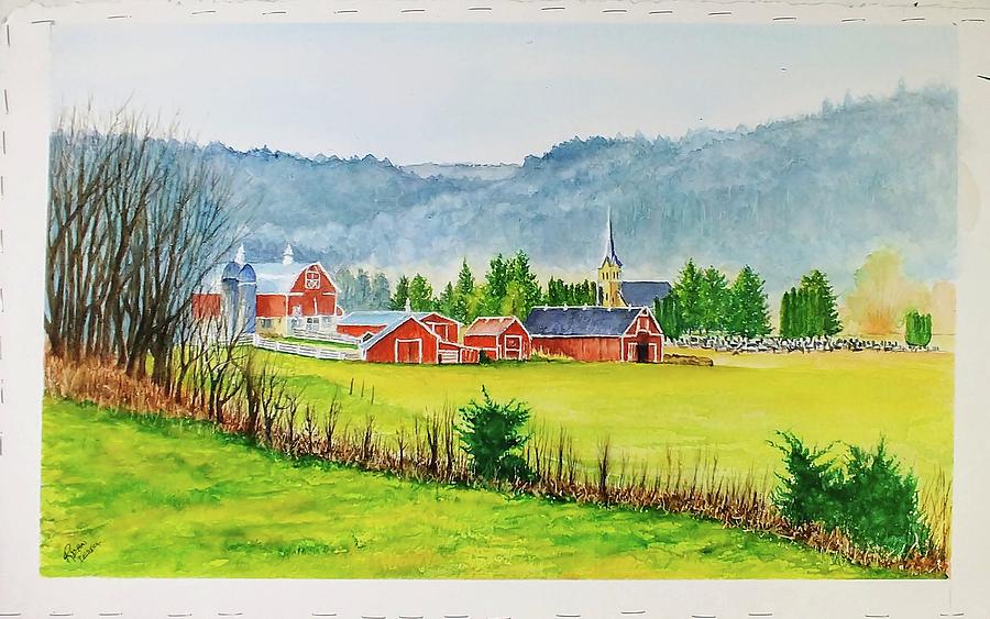 Farm and Church Steeple Painting by Richard Benson