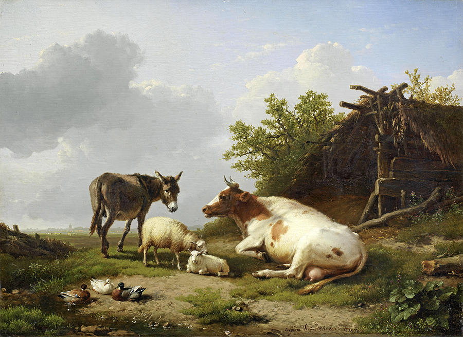 Farm animals by a field shelter Painting by Eugene Verboeckhoven