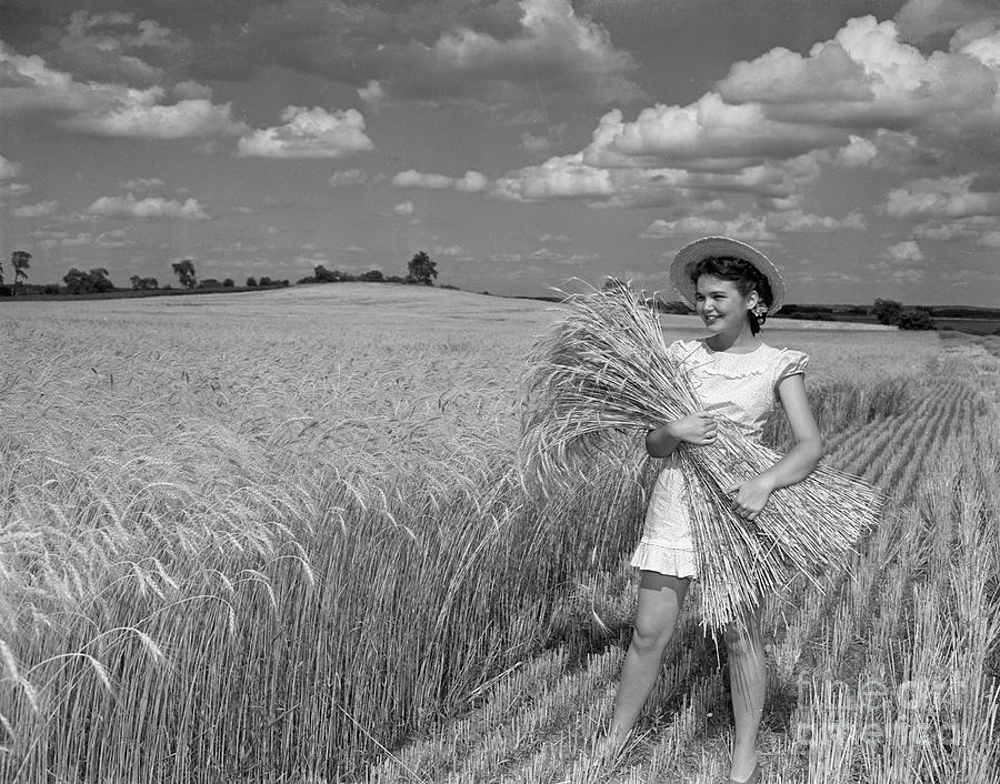 Farm Girl Holding Wheat 1946 Photograph