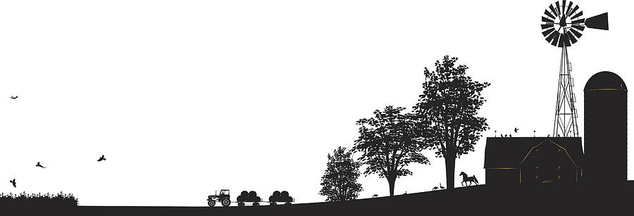 Farm Scene Black silhouette with Buildings,Windmill, Trees and Tractor Drawing by Diane Labombarbe