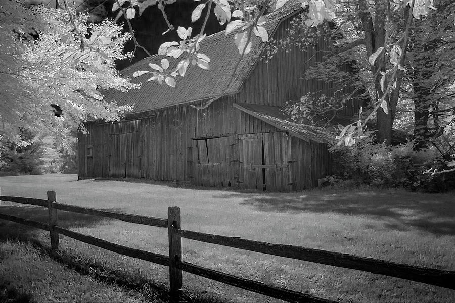 Farm Scene with Old Rustic Barn and Wooden Fence in Black and Wh Photograph by Randall Nyhof