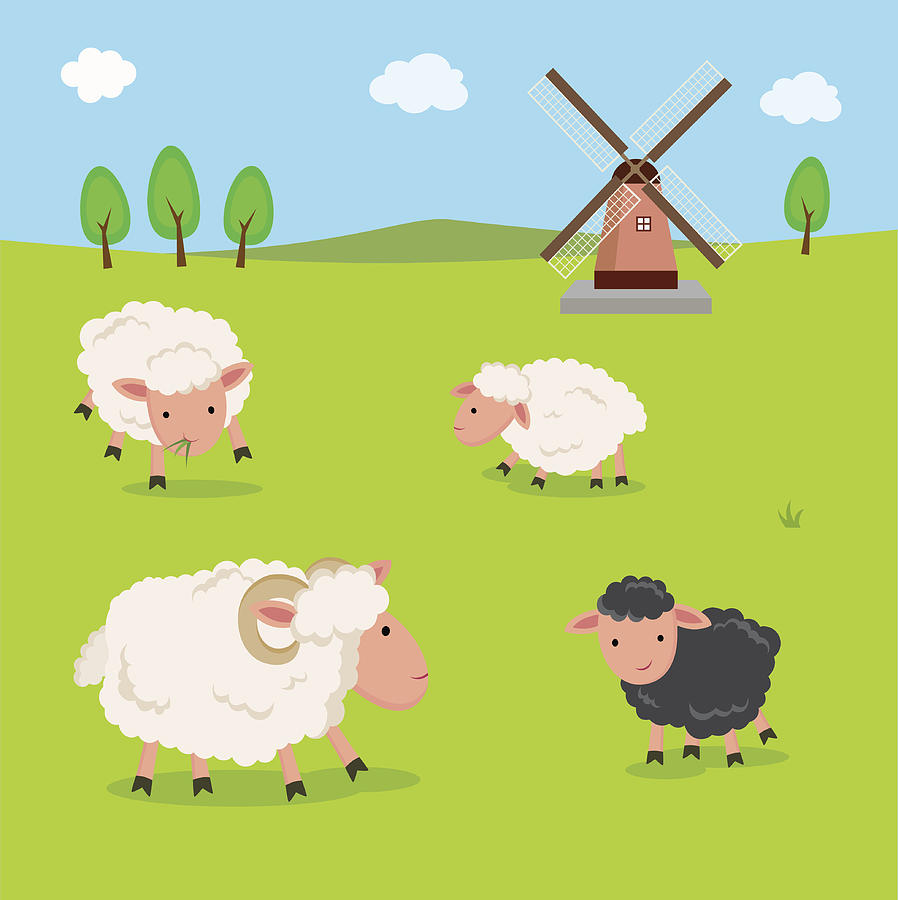 Farm. Sheep and windmill. Drawing by Graphic-bee