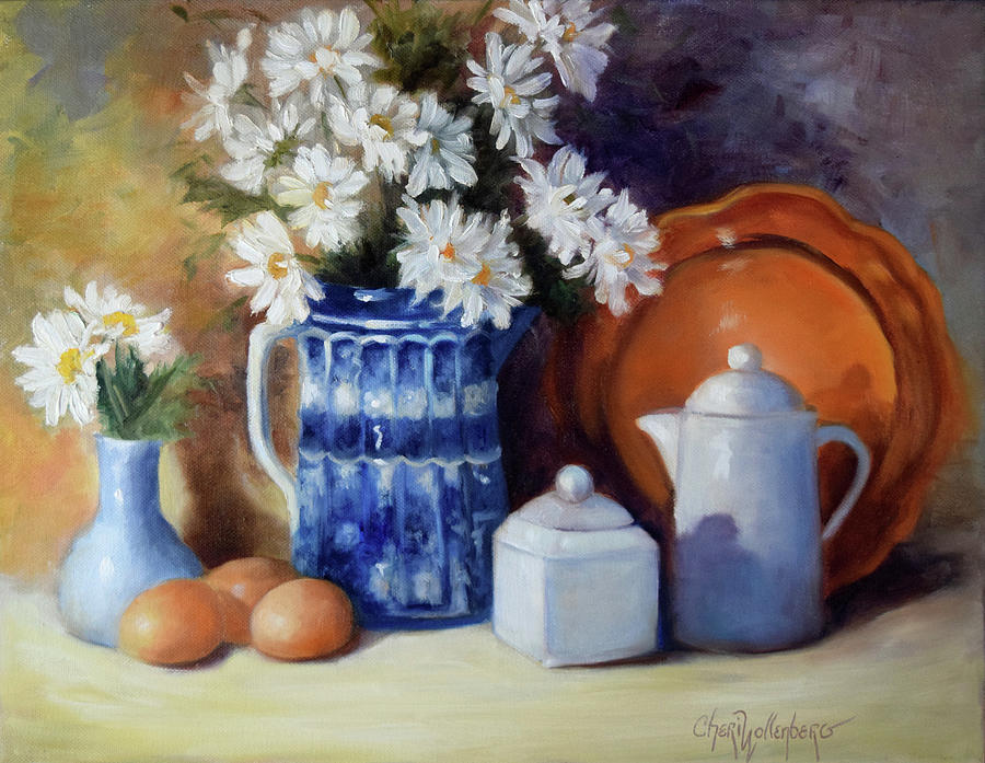 Farm Style Still Life Eggs Vintage Pitcher and Daisies by Cheri Wollenberg Painting by Cheri Wollenberg