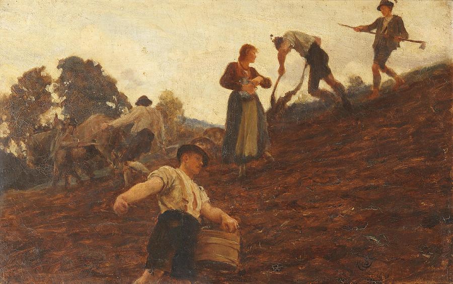 Farm Painting - Farm workers tilling and sowing a hillside  Signed with initials and dated 85  lower right   oil o by Hubert von Herkomer