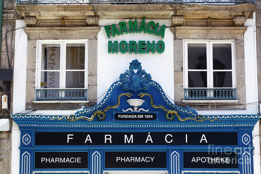 Farmacia Moreno drugstore facade detail Porto Portugal Photograph by James Brunker