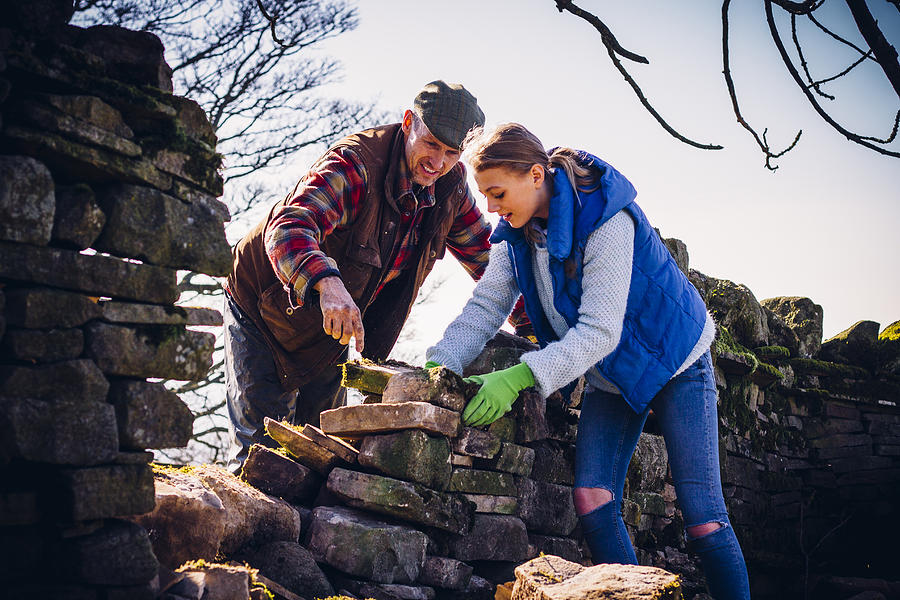 Farmer and Daughter Repairing an Old Stone Wall Photograph by SolStock
