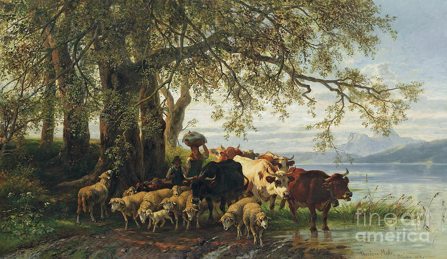 Farmers Wife and Shepherd Boy with Cattle and a Flock of Sheep Painting by Christian Friedrich Mali