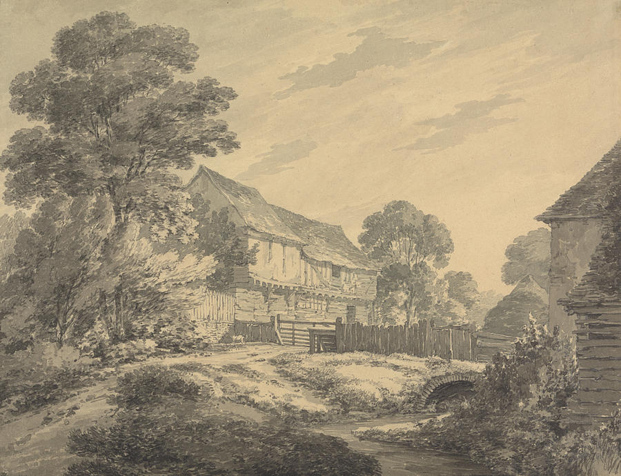 Farmhouse and Buildings by a Stream Drawing by Thomas Hearne